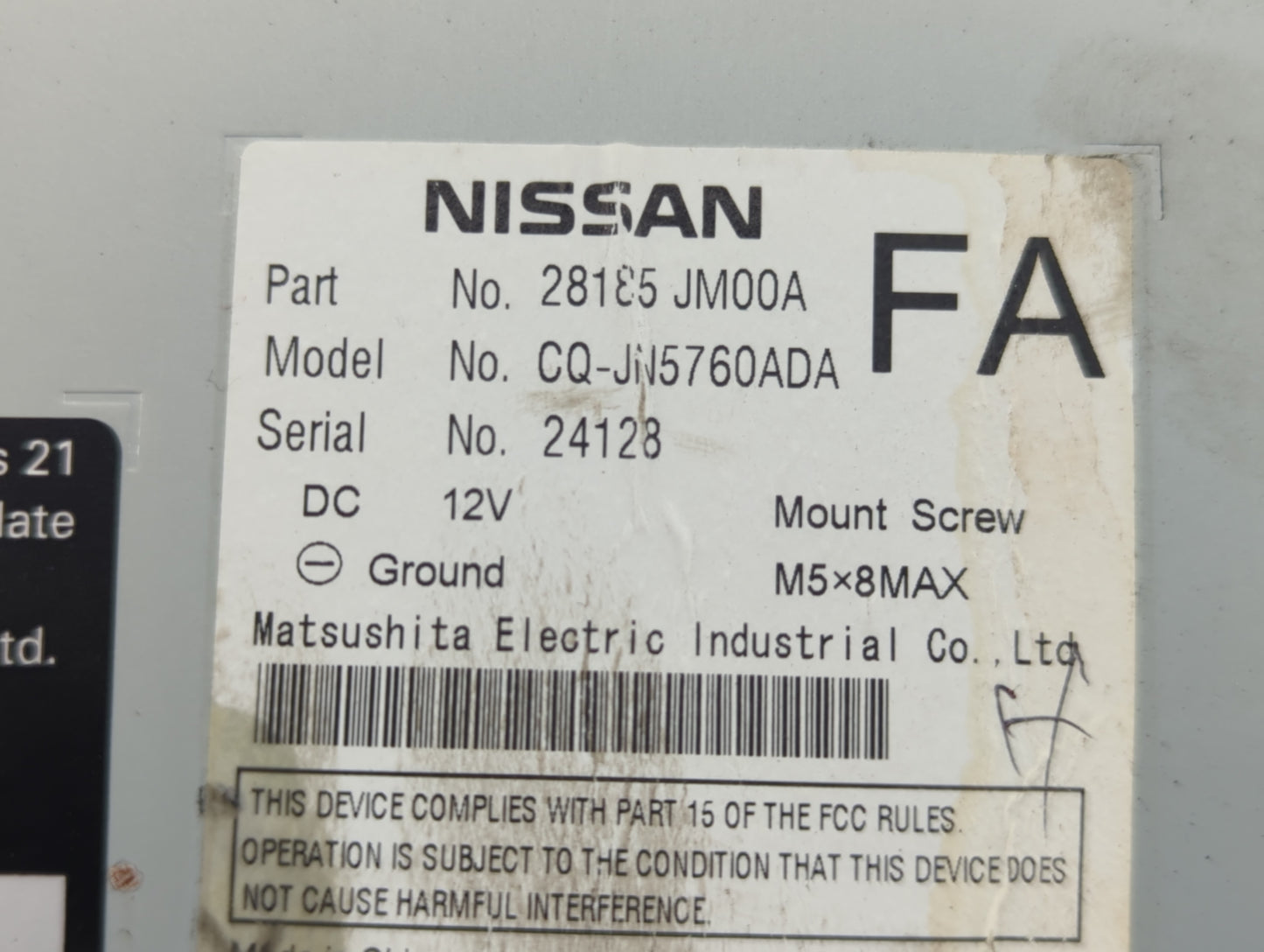 2009 Nissan Rogue Radio AM FM Cd Player Receiver Replacement P/N:28185 JM00A Fits OEM Used Auto Parts - Oemusedautoparts1.co