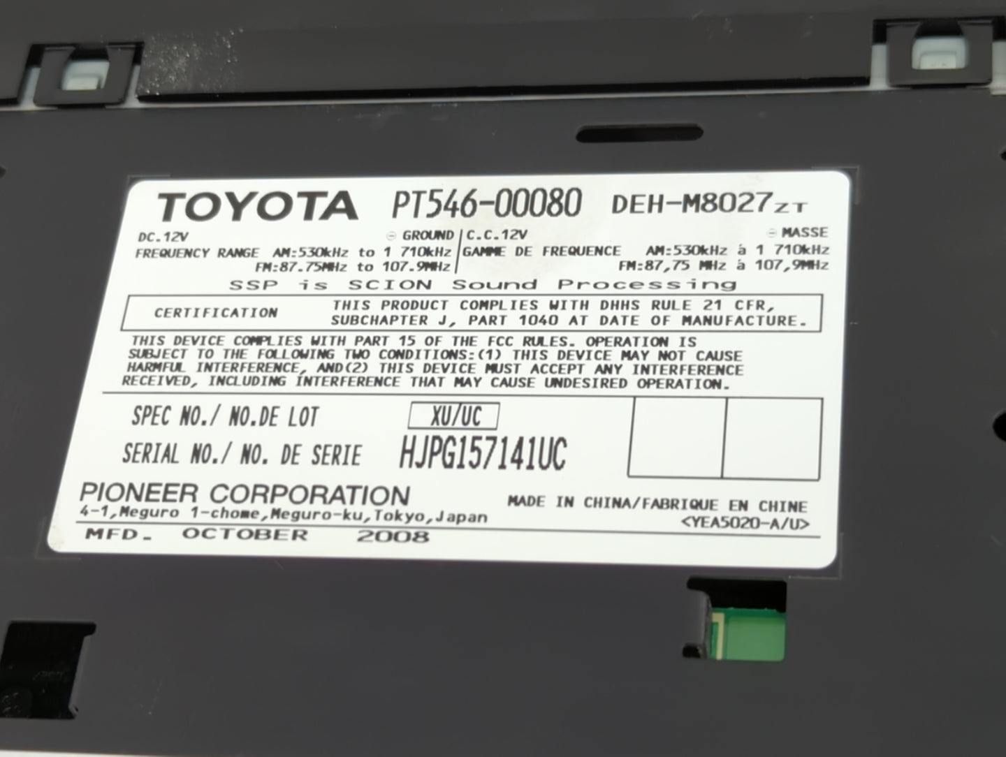 2008-2010 Scion Tc Radio AM FM Cd Player Receiver Replacement P/N:PT546-00080 DEH-M8027ZT Fits OEM Used Auto Parts - Oemused