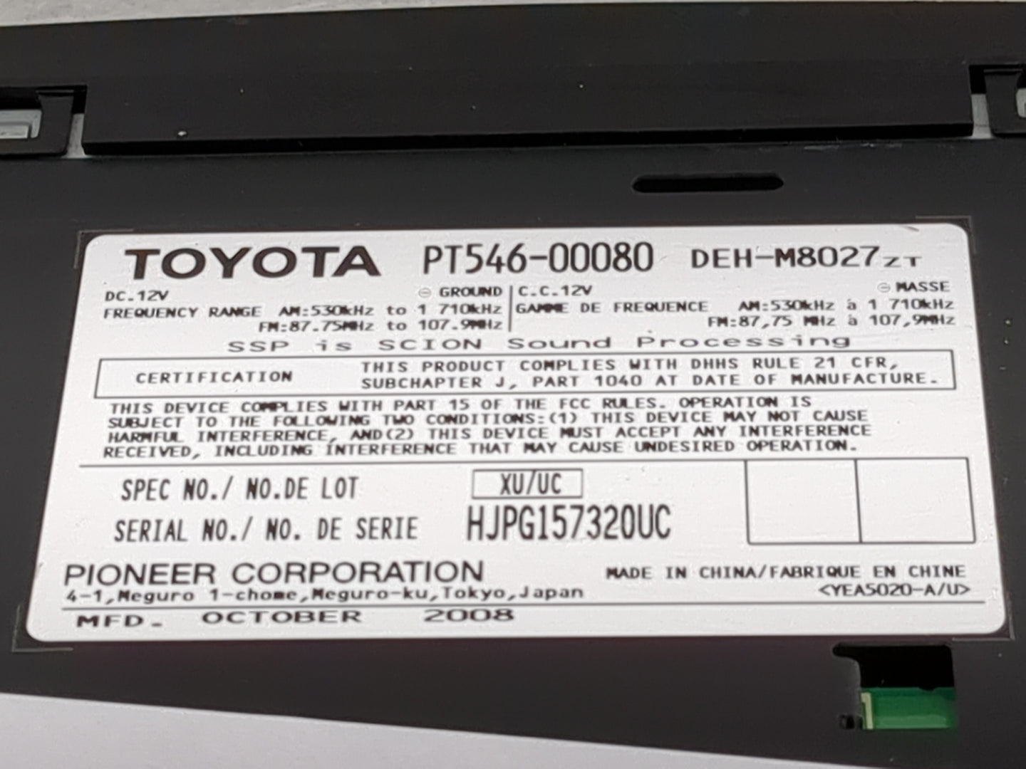 2008-2010 Scion Tc Radio AM FM Cd Player Receiver Replacement P/N:PT546-00080 DEH-M8027ZT Fits OEM Used Auto Parts - Oemused