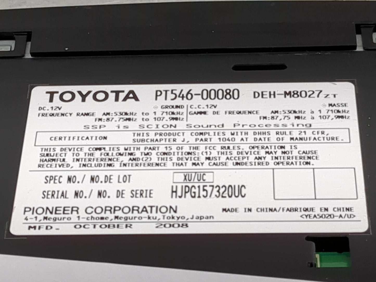 2008-2010 Scion Tc Radio AM FM Cd Player Receiver Replacement P/N:PT546-00080 DEH-M8027ZT Fits OEM Used Auto Parts - Oemused