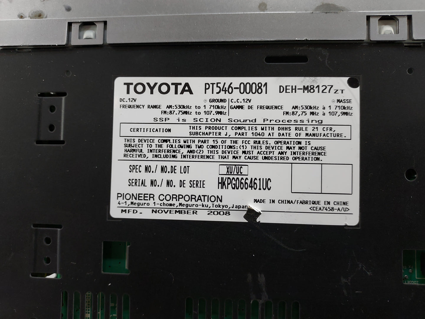 2006-2010 Scion Tc Radio AM FM Cd Player Receiver Replacement P/N:PT546-00081 DEH-M8127ZT Fits OEM Used Auto Parts - Oemused