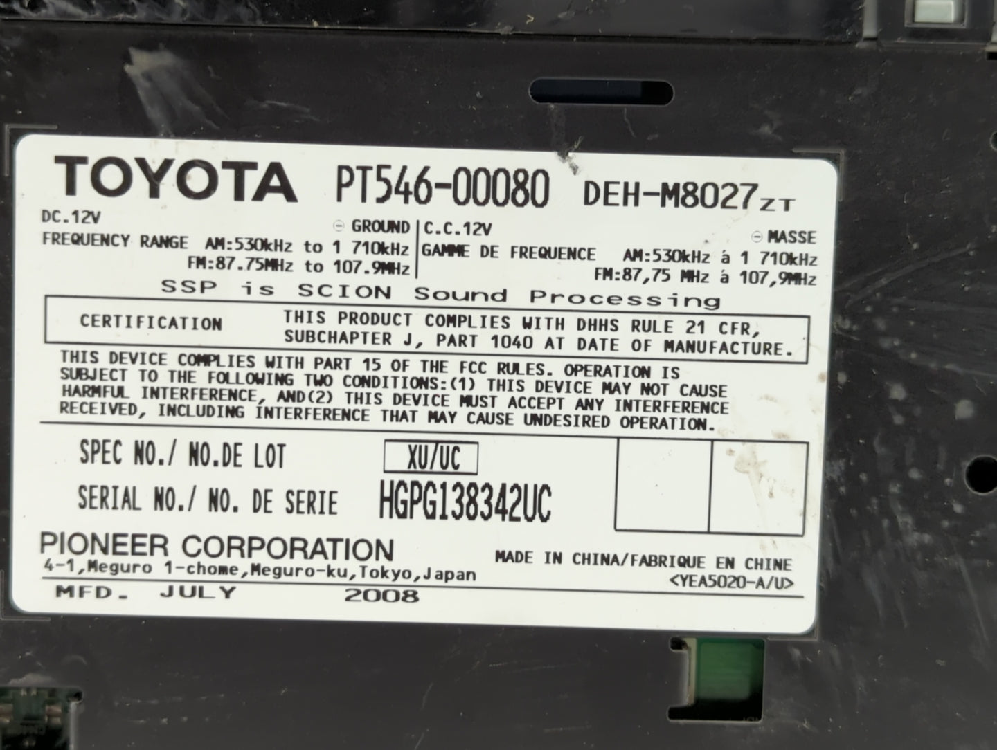 2008-2014 Scion Xd Radio AM FM Cd Player Receiver Replacement P/N:T1808 PT546-00080 Fits Fits 2008 2009 2010 2011 2012 2013 