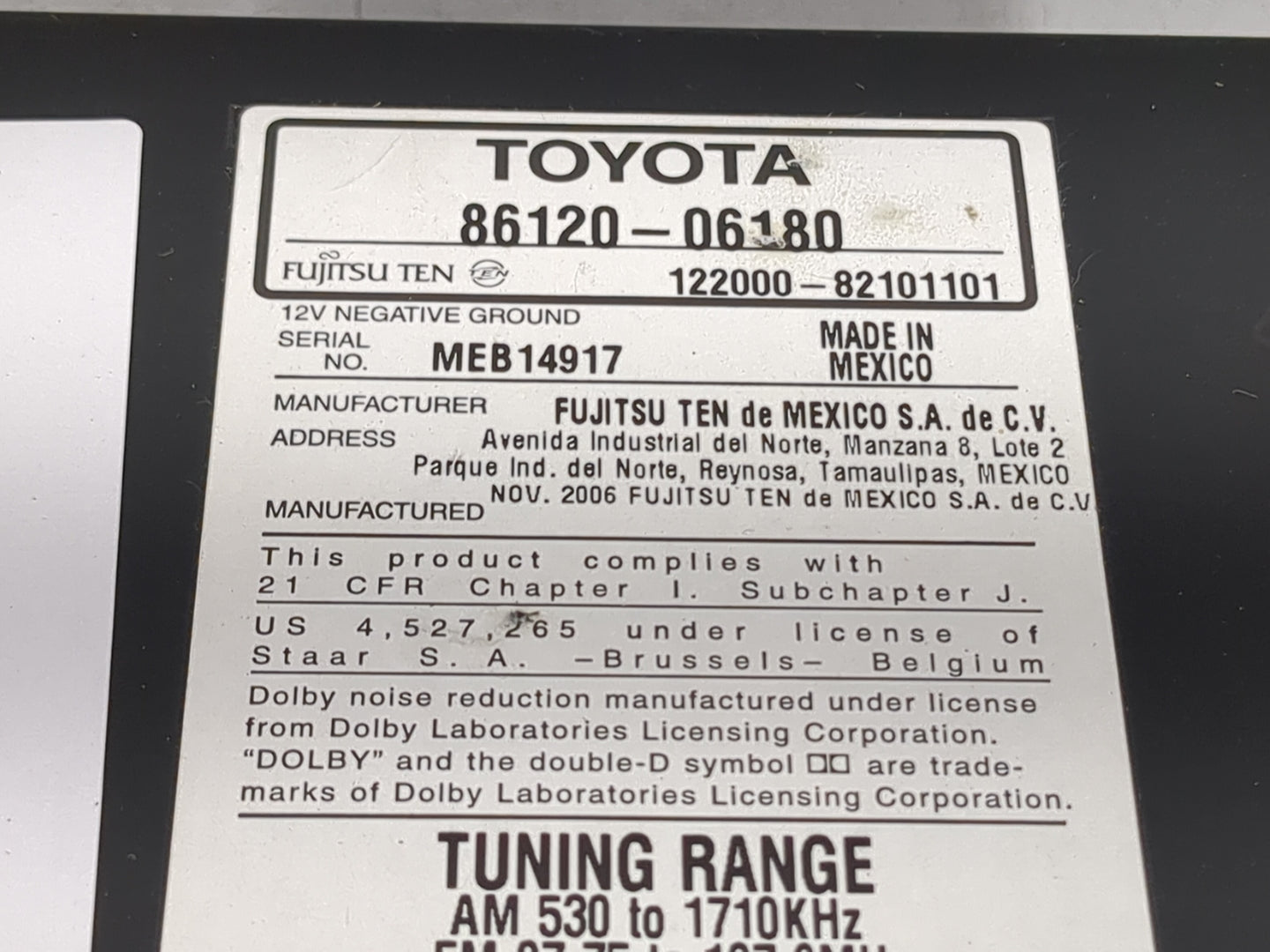 2007-2009 Toyota Camry Radio AM FM Cd Player Receiver Replacement P/N:122000-82101101 86120-06180 Fits Fits 2007 2008 2009 O