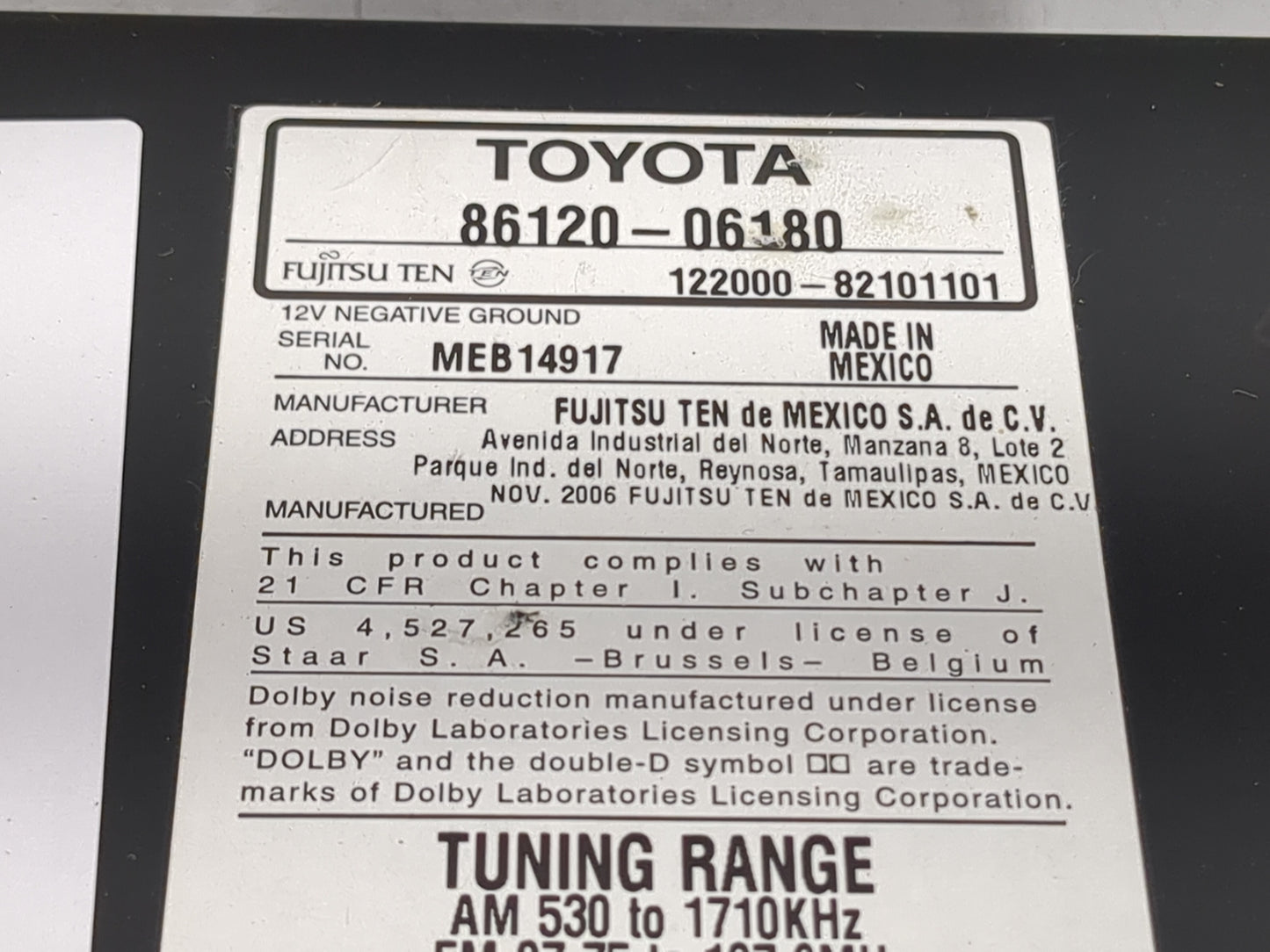 2007-2009 Toyota Camry Radio AM FM Cd Player Receiver Replacement P/N:122000-82101101 86120-06180 Fits Fits 2007 2008 2009 O