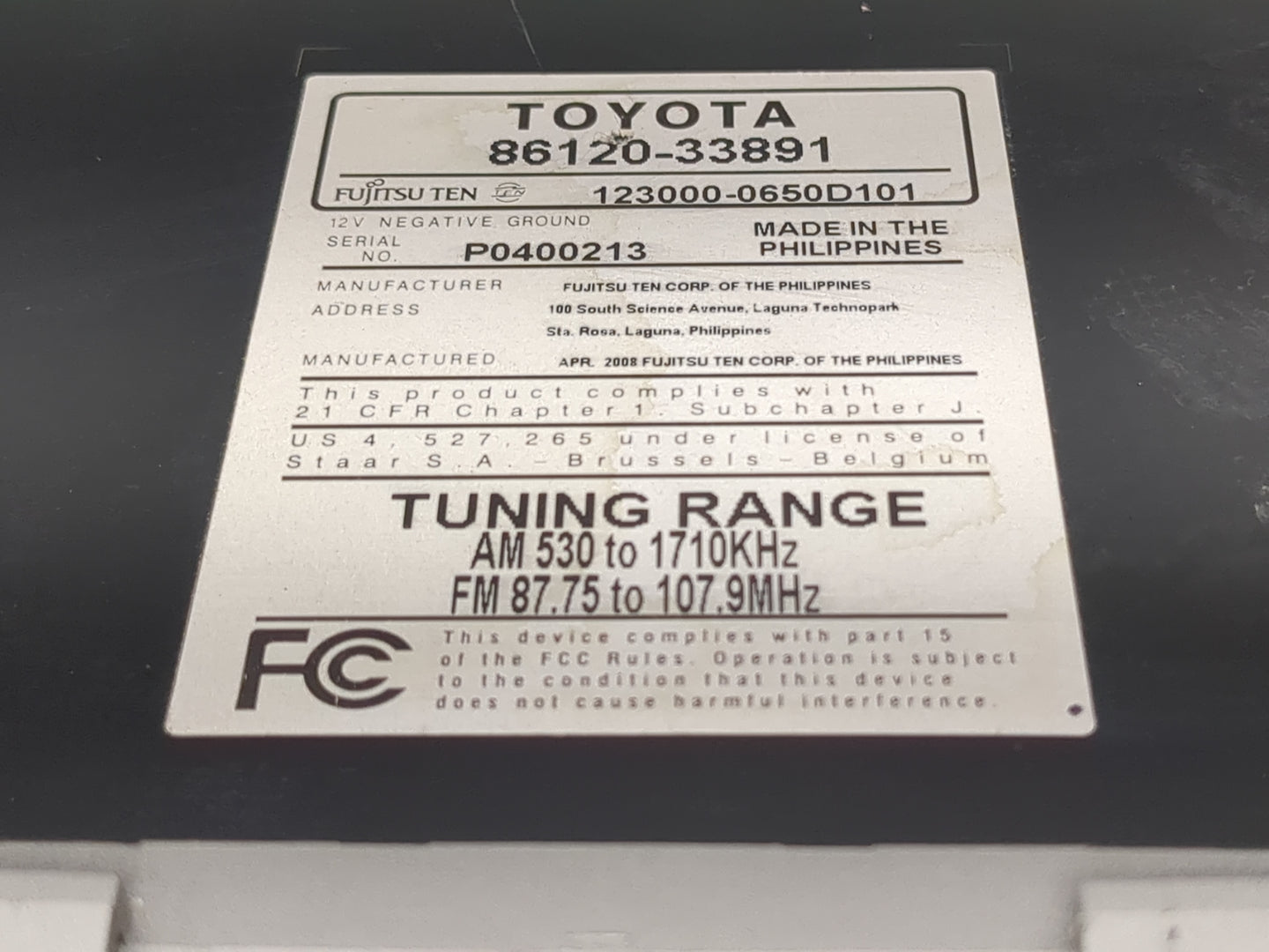 2007-2009 Toyota Camry Radio AM FM Cd Player Receiver Replacement P/N:86120-33891 Fits Fits 2007 2008 2009 OEM Used Auto Par