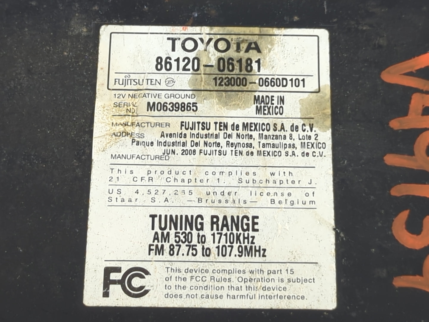 2007-2009 Toyota Camry Radio AM FM Cd Player Receiver Replacement P/N:86120-06181 123000-0660D101 Fits Fits 2007 2008 2009 O