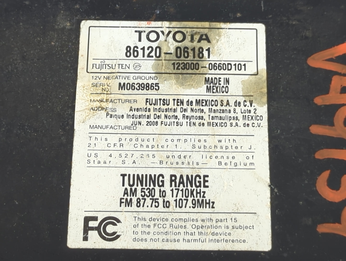 2007-2009 Toyota Camry Radio AM FM Cd Player Receiver Replacement P/N:86120-06181 123000-0660D101 Fits Fits 2007 2008 2009 O