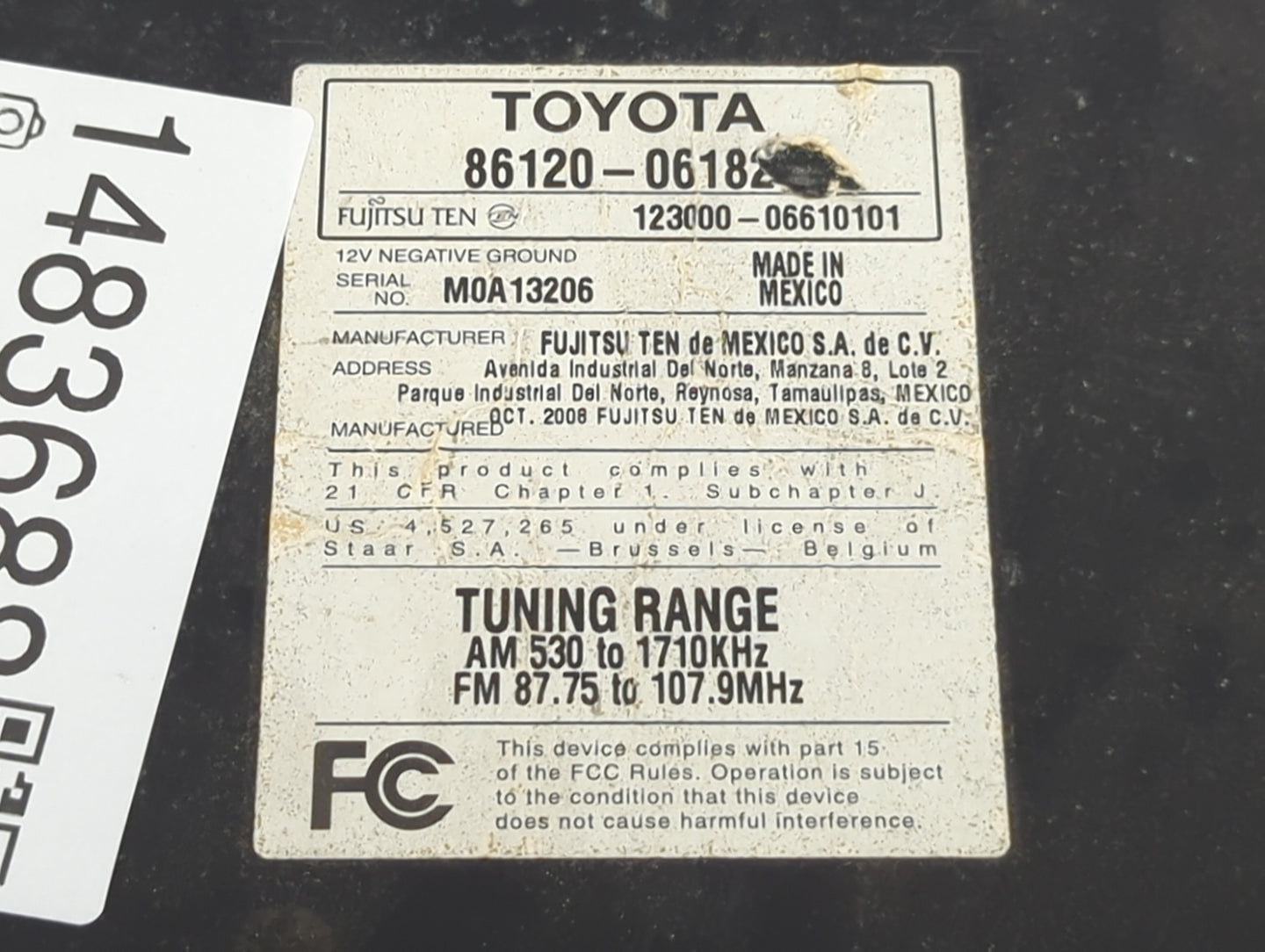 2007-2009 Toyota Camry Radio AM FM Cd Player Receiver Replacement P/N:86120-06182 123000-06610101 Fits Fits 2007 2008 2009 O