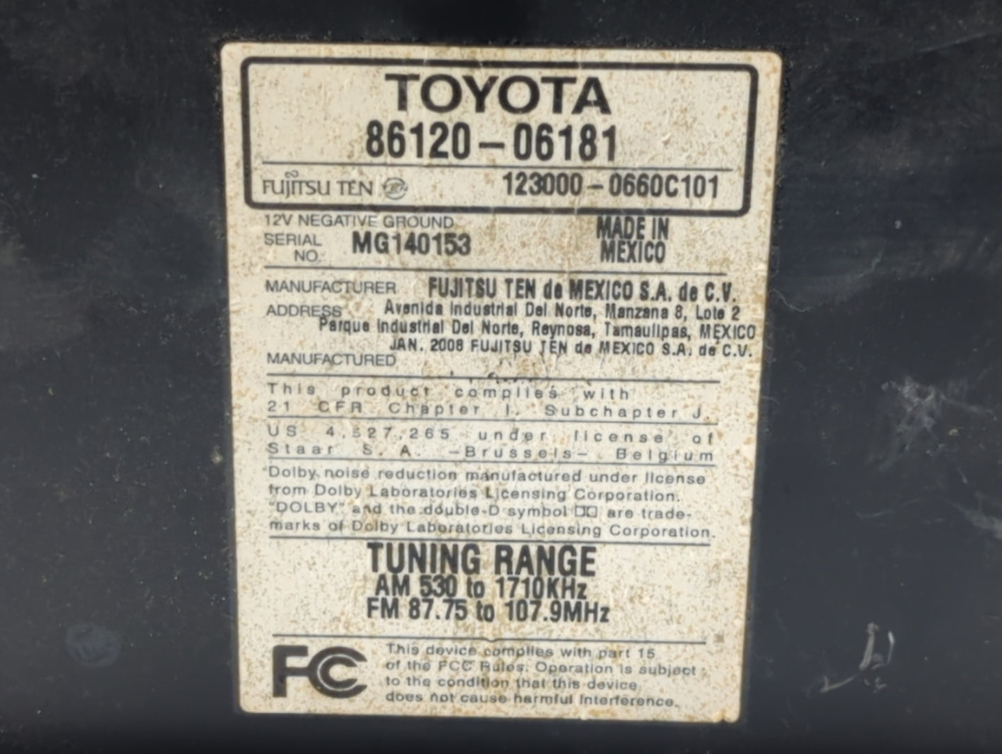 2009 Toyota Camry Radio AM FM Cd Player Receiver Replacement P/N:86120-06181 86120-06182 Fits OEM Used Auto Parts - Oemuseda