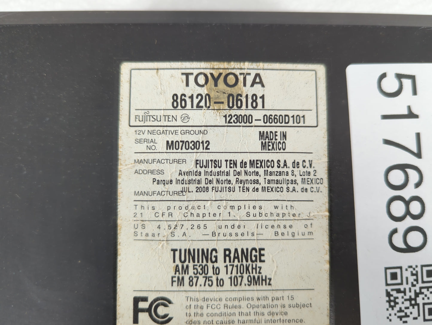 2007-2009 Toyota Camry Am Fm Cd Player Radio Receiver - Oemusedautoparts1.com