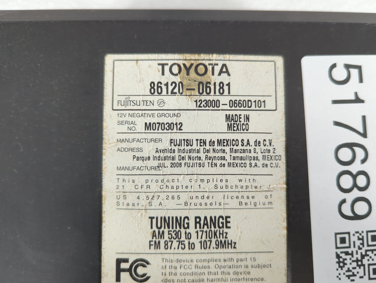 2007-2009 Toyota Camry Am Fm Cd Player Radio Receiver 517689 - Oemusedautoparts1.com