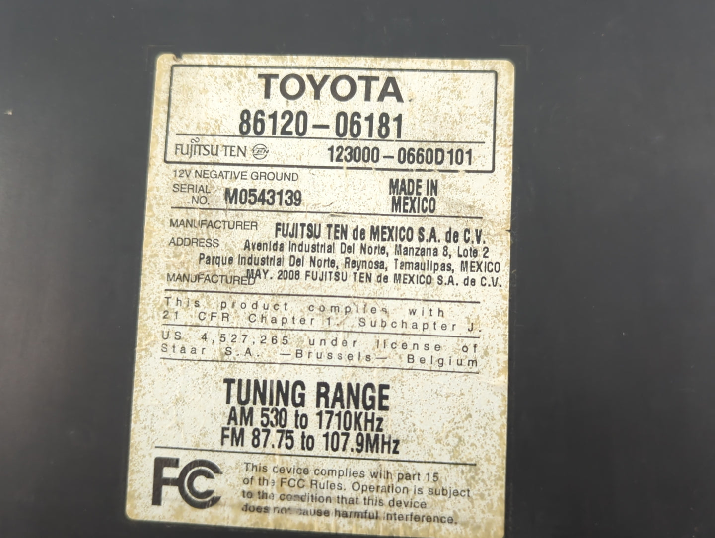 2007-2009 Toyota Camry Radio AM FM Cd Player Receiver Replacement P/N:86120-06181 Fits Fits 2007 2008 2009 OEM Used Auto Par