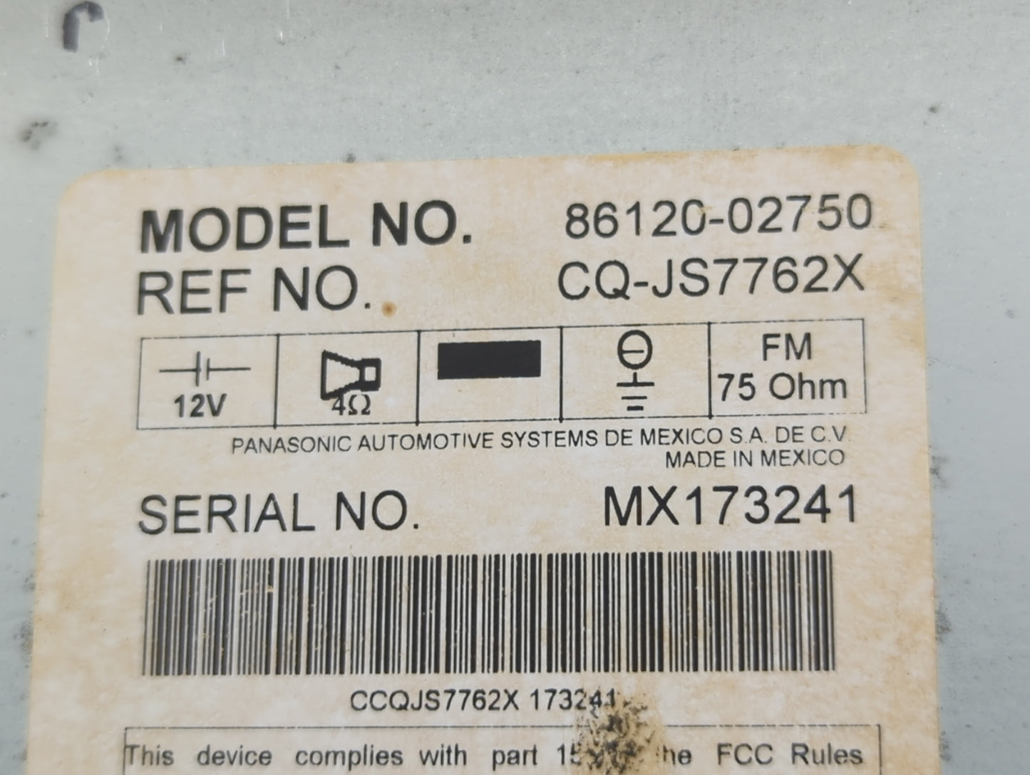 2009 Toyota Corolla Radio AM FM Cd Player Receiver Replacement P/N:86120-02750 CQ-JS7762X Fits OEM Used Auto Parts - Oemused