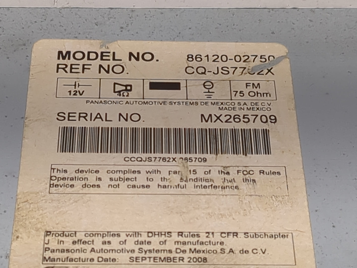 2009 Toyota Corolla Radio AM FM Cd Player Receiver Replacement P/N:86120-02750 CQ-JS7762X Fits OEM Used Auto Parts - Oemused