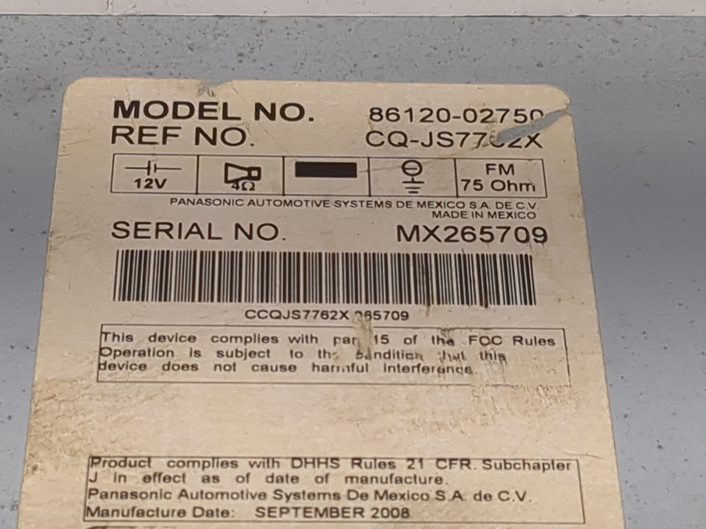2009 Toyota Corolla Radio AM FM Cd Player Receiver Replacement P/N:86120-02750 CQ-JS7762X Fits OEM Used Auto Parts - Oemused
