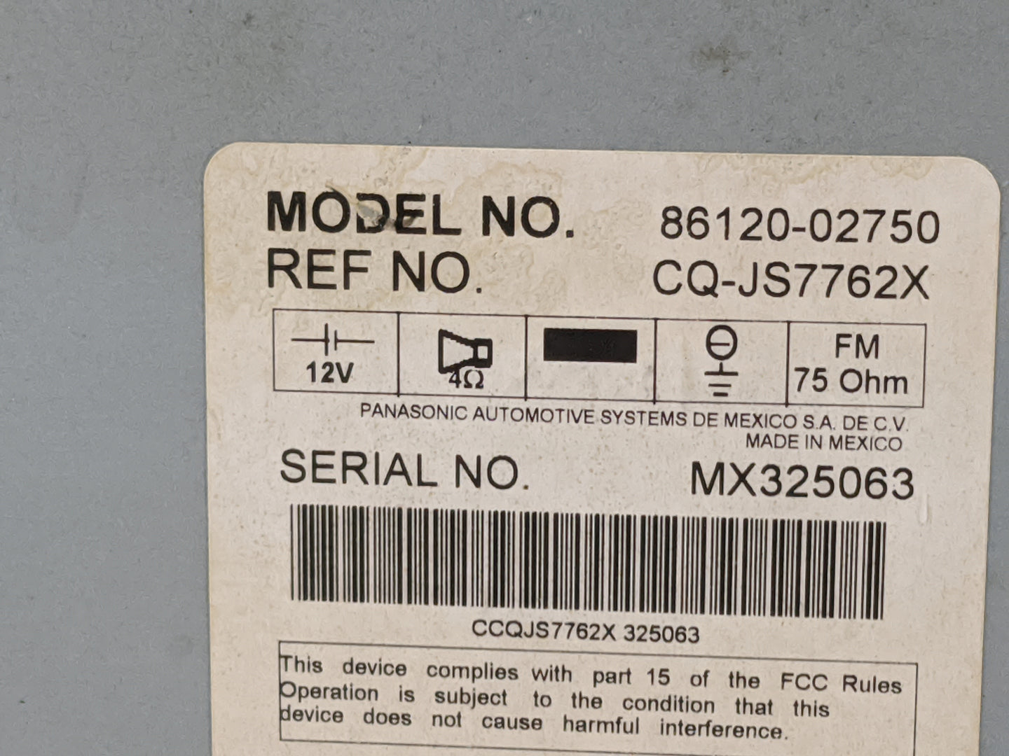 2009 Toyota Corolla Radio AM FM Cd Player Receiver Replacement P/N:86120-02750 CQ-JS7762X, A51844 Fits OEM Used Auto Parts -