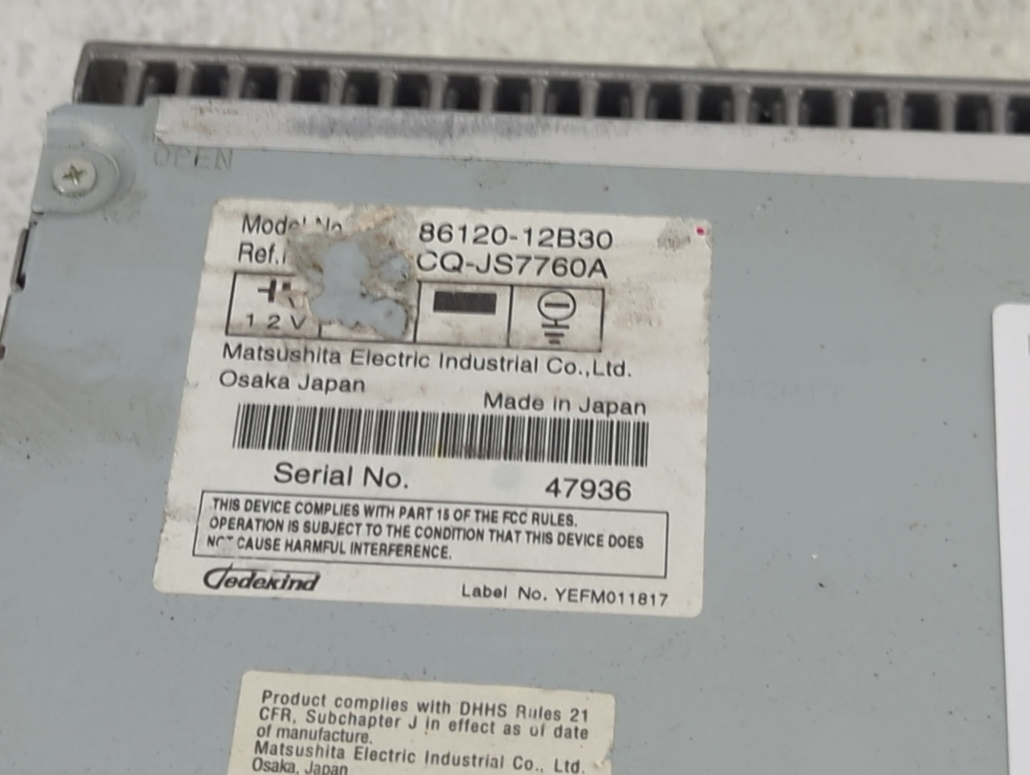 2009 Toyota Corolla Radio AM FM Cd Player Receiver Replacement P/N:86120-12B30 CQ-JS7760A Fits OEM Used Auto Parts - Oemused