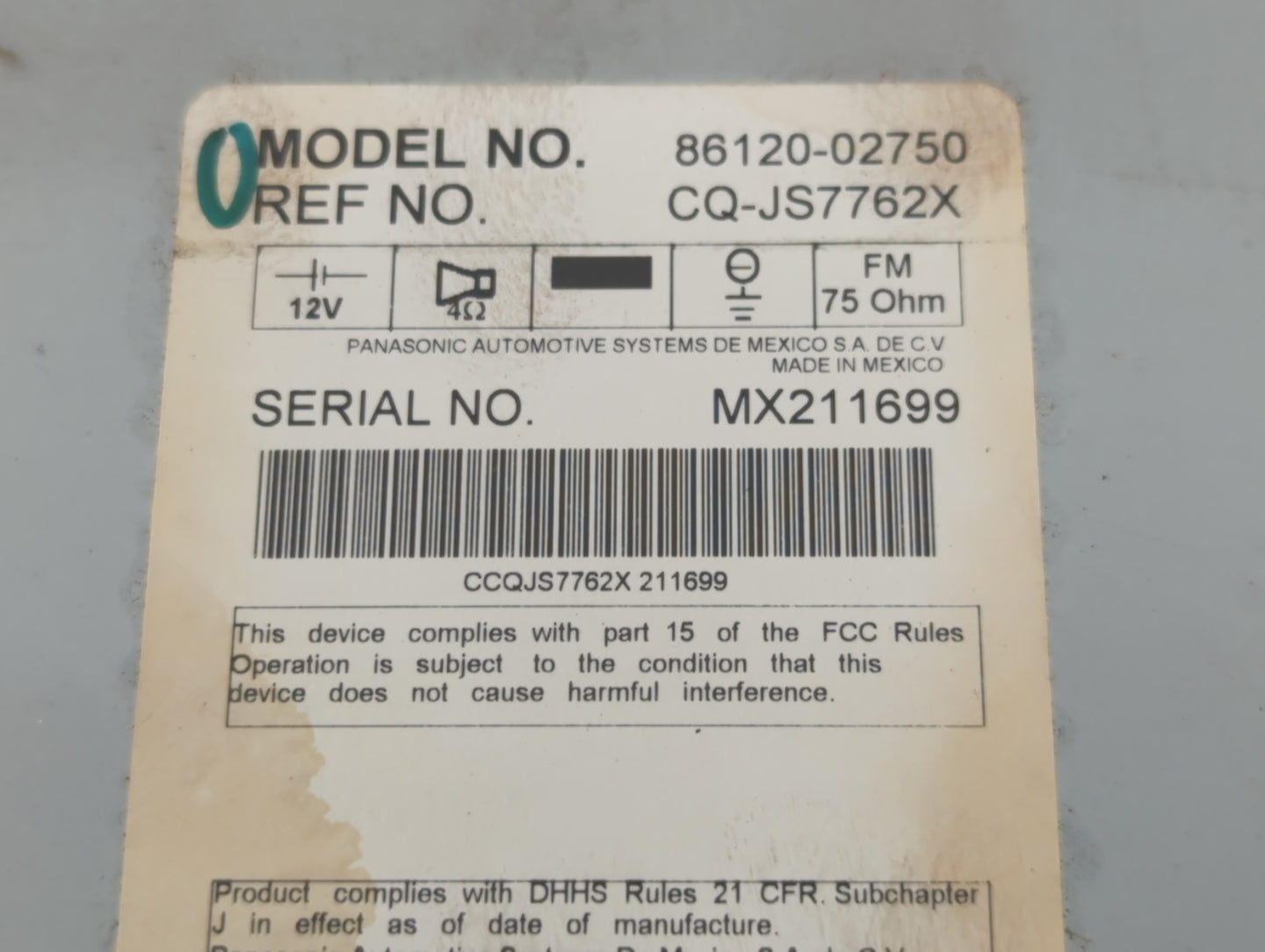 2009 Toyota Corolla Radio AM FM Cd Player Receiver Replacement P/N:86120-02750 Fits OEM Used Auto Parts - Oemusedautoparts1.