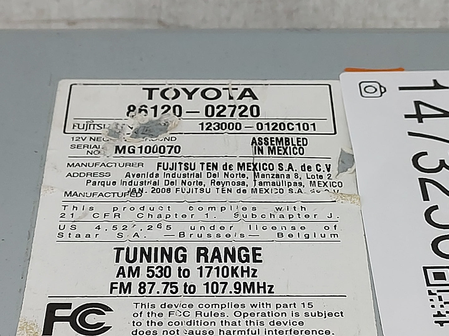 2009-2010 Toyota Matrix Radio AM FM Cd Player Receiver Replacement P/N:86120-02720 123000-0120C101, MG100070 Fits Fits 2009 