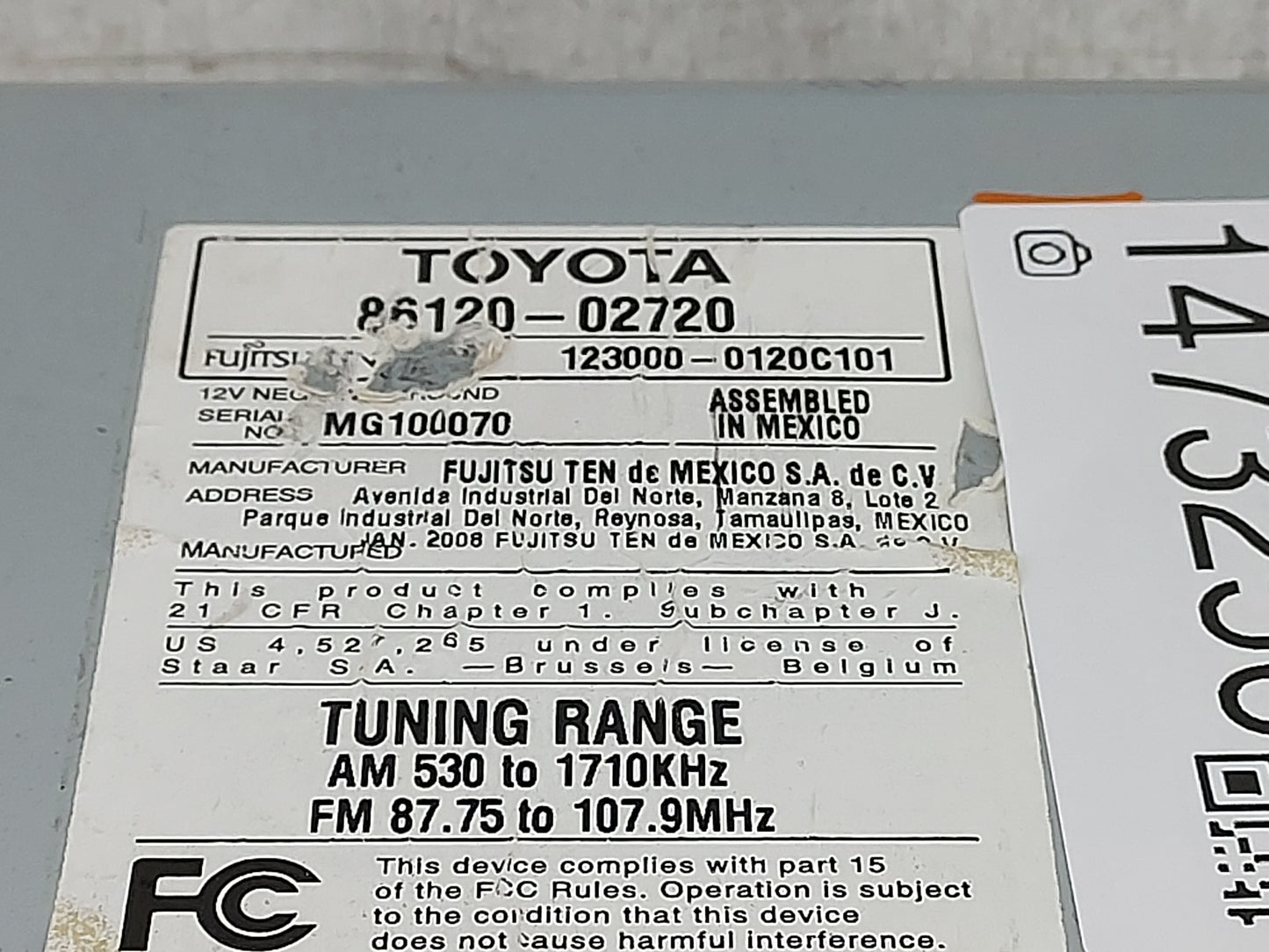2009-2010 Toyota Matrix Radio AM FM Cd Player Receiver Replacement P/N:86120-02720 123000-0120C101, MG100070 Fits Fits 2009 