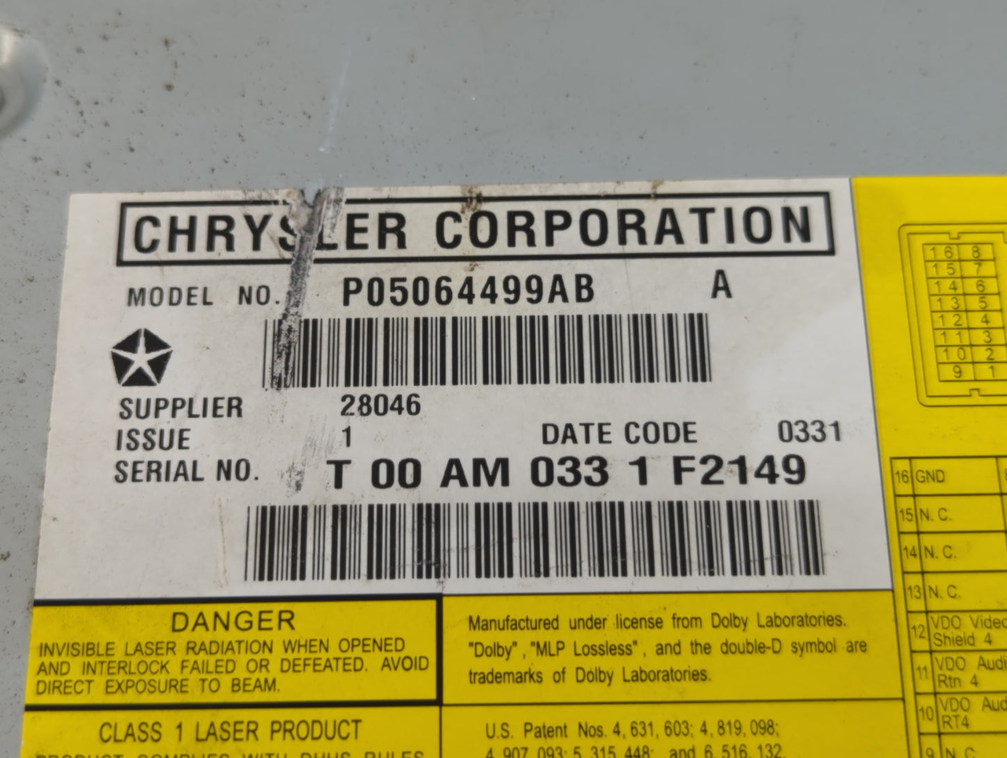 2009 Volkswagon Routan Radio AM FM Cd Player Receiver Replacement P/N:P05064499AB Fits Fits 2010 2011 2012 2013 2014 OEM Use