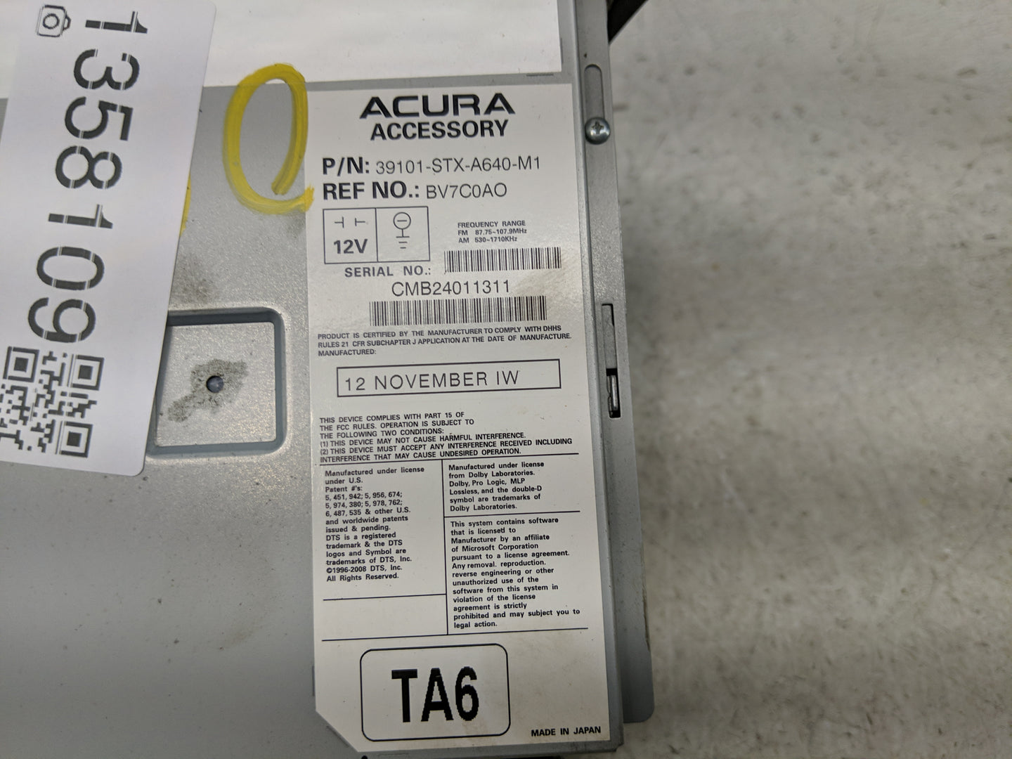 2010-2013 Acura Mdx Radio AM FM Cd Player Receiver Replacement P/N:39101-STX-A640-M1 39101-STX-A710 Fits Fits 2010 2011 2012