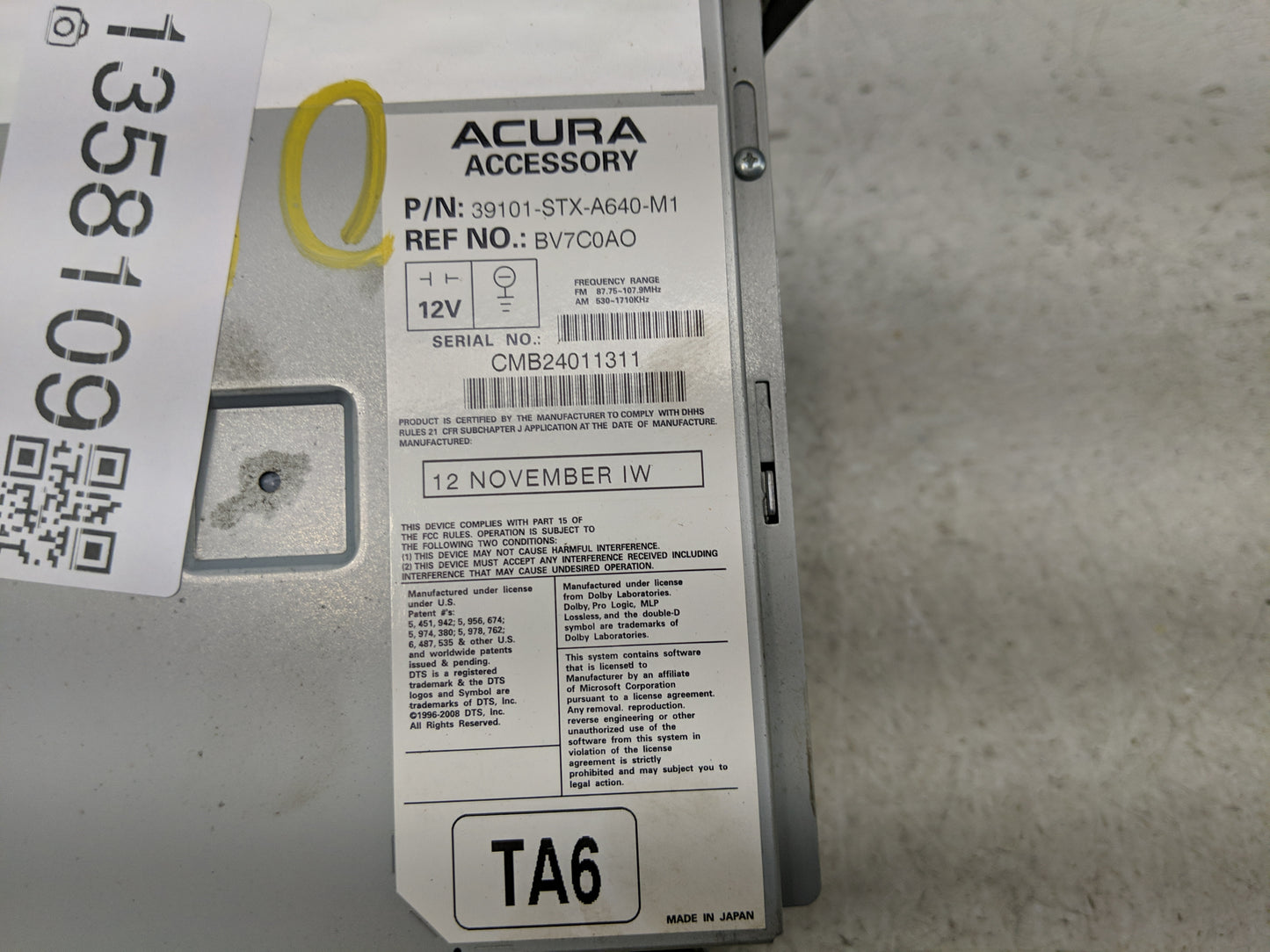 2010-2013 Acura Mdx Radio AM FM Cd Player Receiver Replacement P/N:39101-STX-A640-M1 39101-STX-A710 Fits Fits 2010 2011 2012