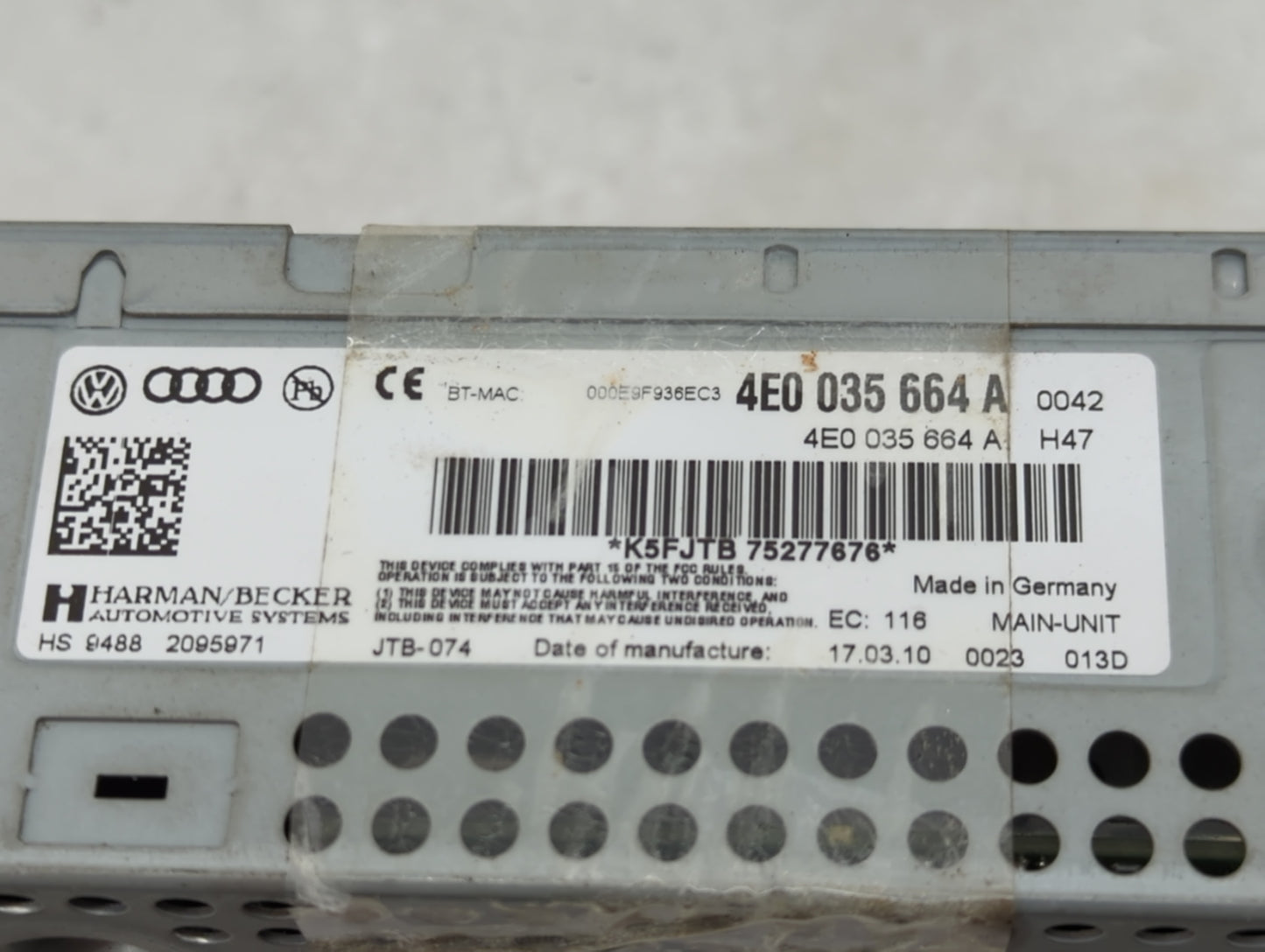 2010-2011 Audi A6 Radio AM FM Cd Player Receiver Replacement P/N:4E0035664A Fits Fits 2010 2011 OEM Used Auto Parts - Oemuse