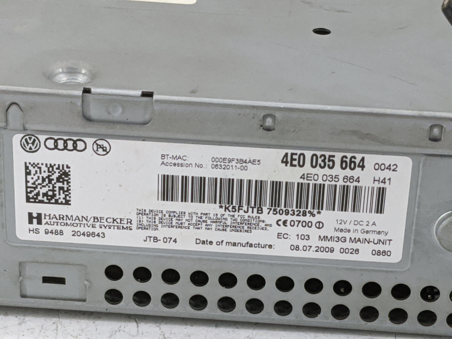 2010-2011 Audi A6 Radio AM FM Cd Player Receiver Replacement P/N:4E0035664 4E0 035 664 Fits Fits 2010 2011 OEM Used Auto Par
