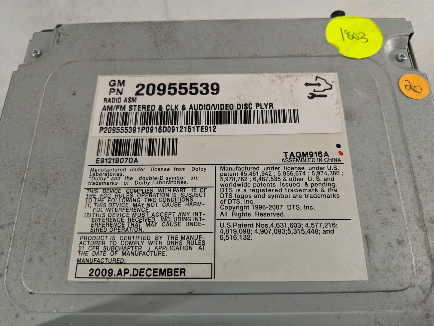 2010 Cadillac Srx Radio AM FM Cd Player Receiver Replacement P/N:20955539 Fits OEM Used Auto Parts - Oemusedautoparts1.com