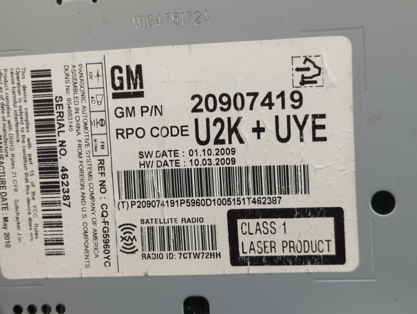 2010 Chevrolet Equinox Radio AM FM Cd Player Receiver Replacement P/N:20907419 CQ-FG5960YC Fits Fits 2011 OEM Used Auto Part