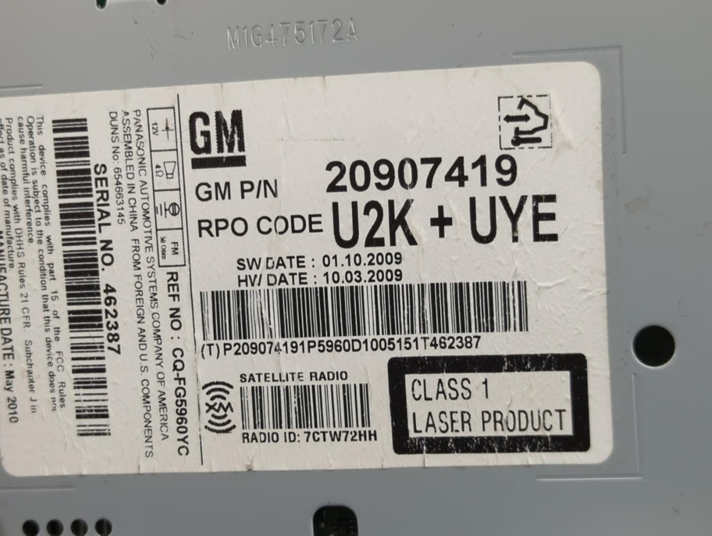 2010 Chevrolet Equinox Radio AM FM Cd Player Receiver Replacement P/N:20907419 CQ-FG5960YC Fits Fits 2011 OEM Used Auto Part