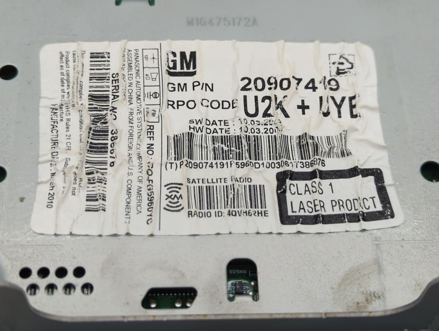 2010 Chevrolet Equinox Radio AM FM Cd Player Receiver Replacement P/N:20907419 Fits Fits 2011 OEM Used Auto Parts - Oemuseda