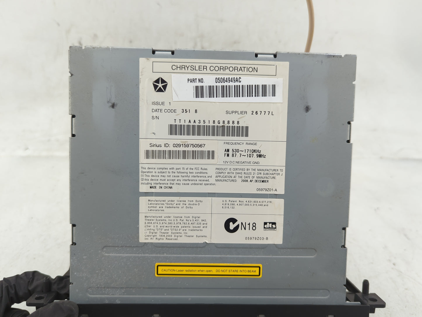 2009-2010 Chrysler Sebring Radio AM FM Cd Player Receiver Replacement P/N:05064949AC Fits Fits 2008 2009 2010 OEM Used Auto 
