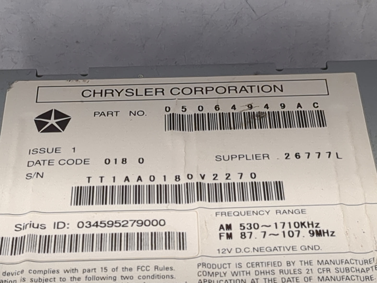 2010 Dodge Avenger Tuner Satellite Receiver 05064949ac - Oemusedautoparts1.com
