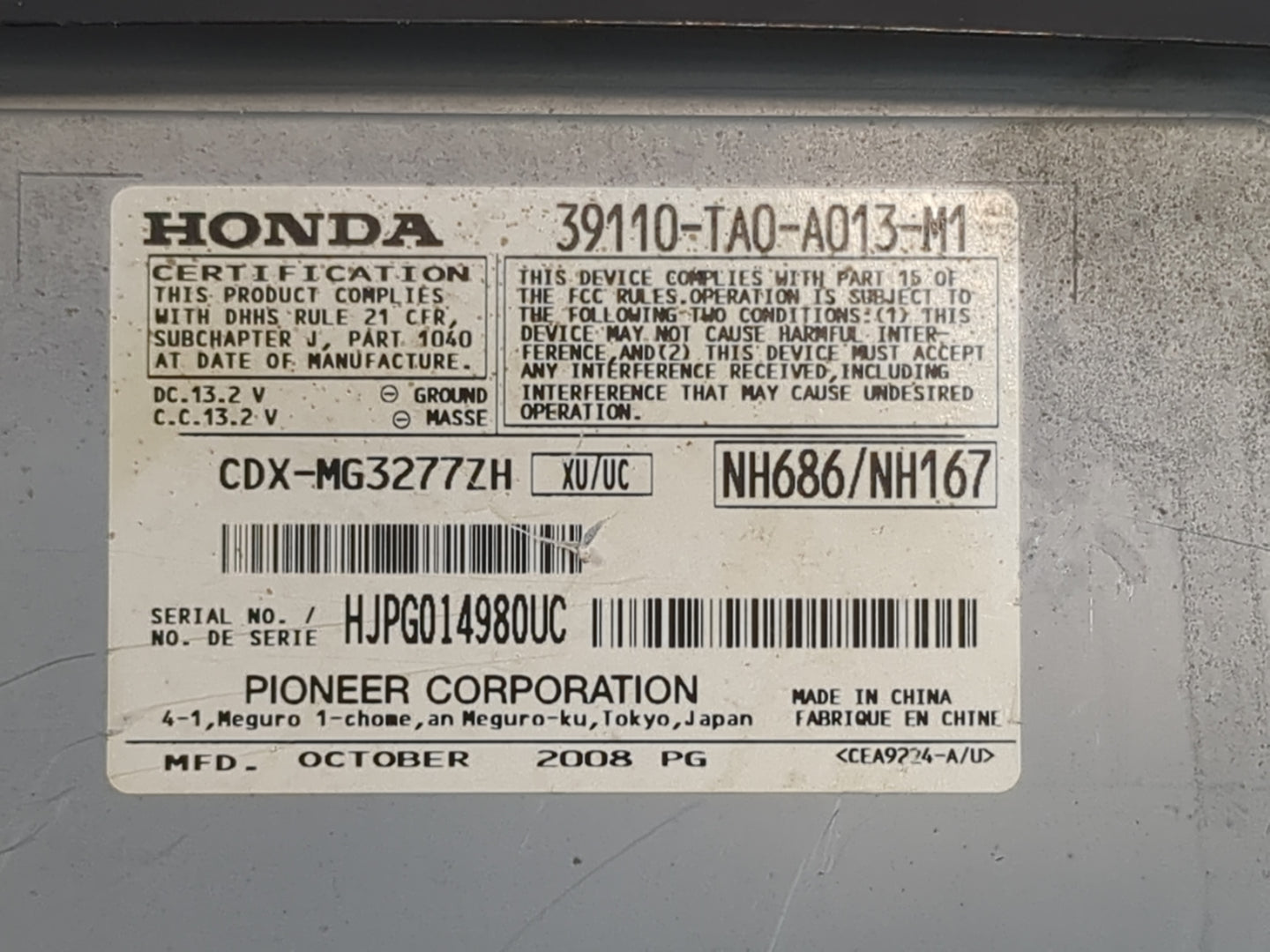 2008-2010 Honda Accord Radio AM FM Cd Player Receiver Replacement P/N:39110-TA0-A013-M1 Fits Fits 2008 2009 2010 OEM Used Au