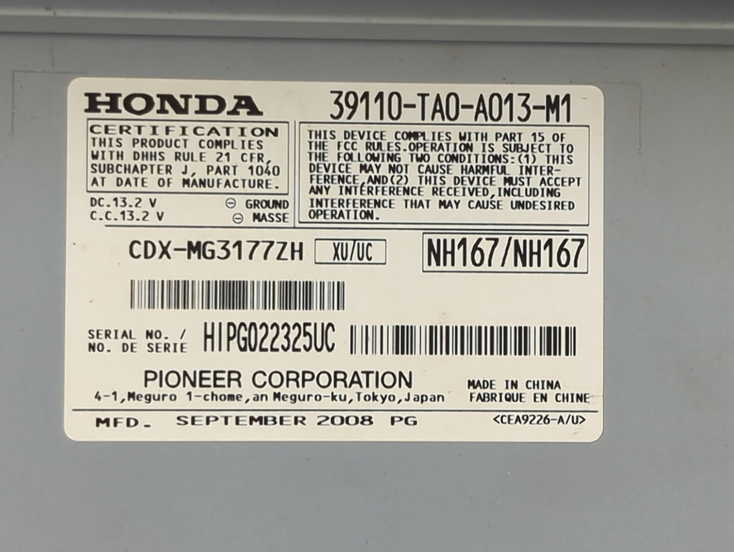 2008-2010 Honda Accord Radio AM FM Cd Player Receiver Replacement P/N:39110-TA0-A013-M1 Fits Fits 2008 2009 2010 OEM Used Au