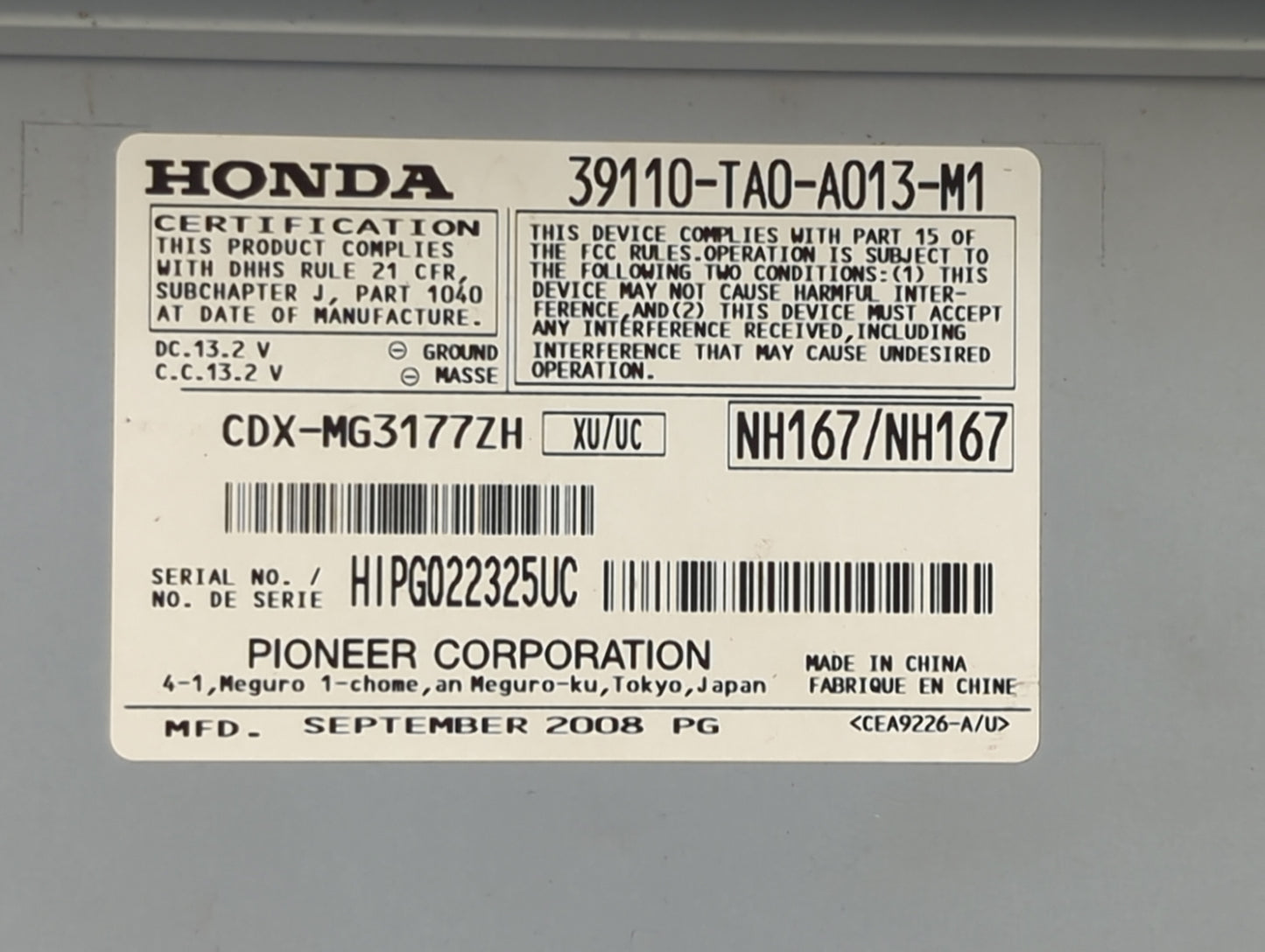 2008-2010 Honda Accord Radio AM FM Cd Player Receiver Replacement P/N:39110-TA0-A013-M1 Fits Fits 2008 2009 2010 OEM Used Au