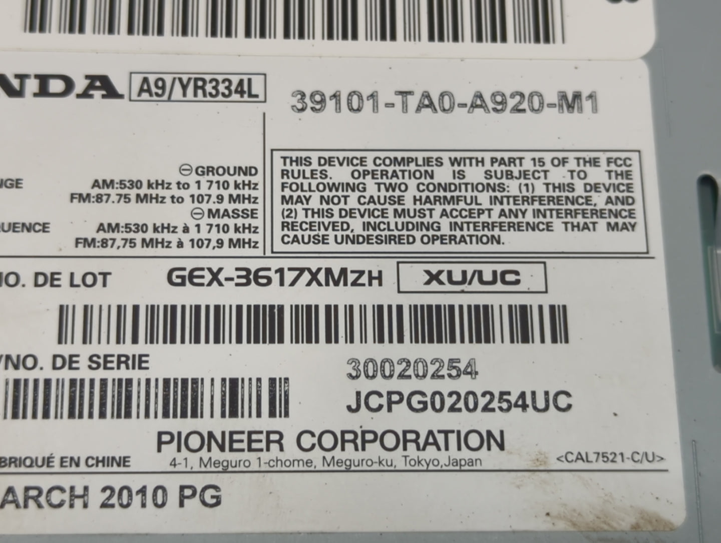 2010 Honda Accord Radio AM FM Cd Player Receiver Replacement P/N:39101-TA0-A920-M1 GEX-3617XMZH Fits OEM Used Auto Parts - O