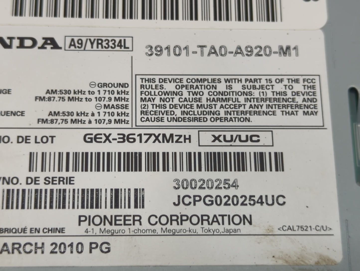 2010 Honda Accord Radio AM FM Cd Player Receiver Replacement P/N:39101-TA0-A920-M1 GEX-3617XMZH Fits OEM Used Auto Parts - O