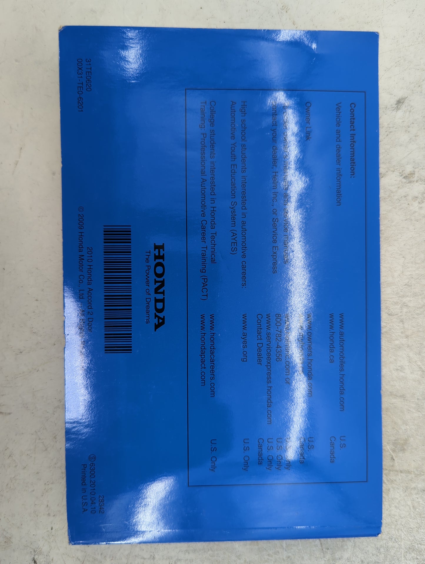2010 Honda Accord Owners Manual Book Guide P/N:31TE0620 00X31-TE0-6201 OEM Used Auto Parts - Oemusedautoparts1.com