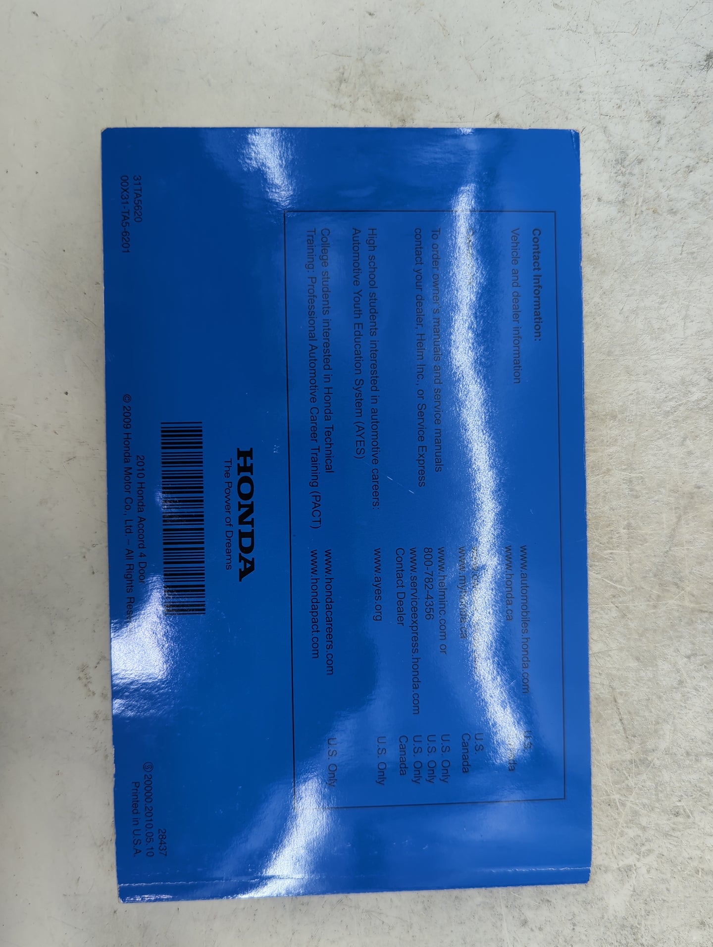 2010 Honda Accord Owners Manual Book Guide P/N:31TA5620 00X31-TA5-6201 OEM Used Auto Parts - Oemusedautoparts1.com