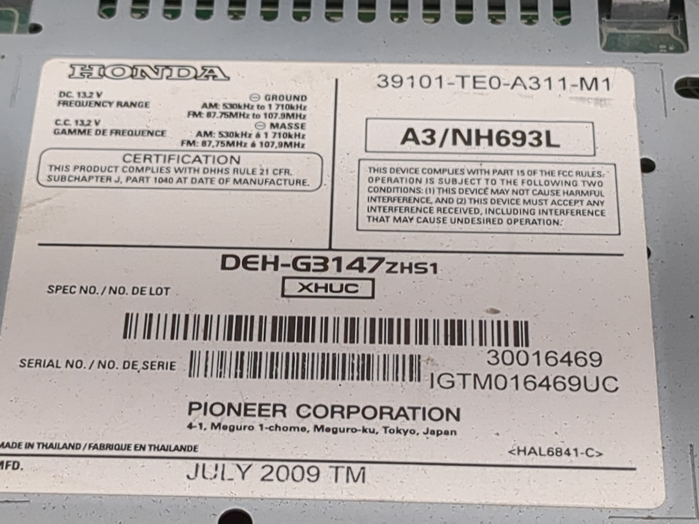 2008 Honda Accord Radio AM FM Cd Player Receiver Replacement P/N:39101-TE0-A311-M1 DEH-G3147ZHS1 Fits OEM Used Auto Parts - 