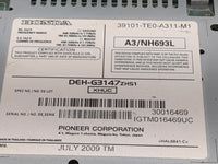 2008 Honda Accord Radio AM FM Cd Player Receiver Replacement P/N:39101-TE0-A311-M1 DEH-G3147ZHS1 Fits OEM Used Auto Parts - 