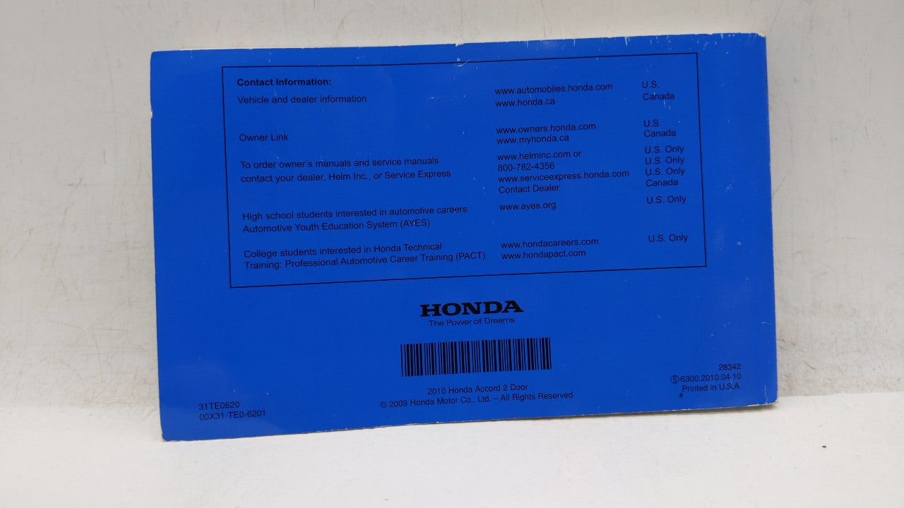2010 Honda Accord Owners Manual Book Guide OEM Used Auto Parts - Oemusedautoparts1.com