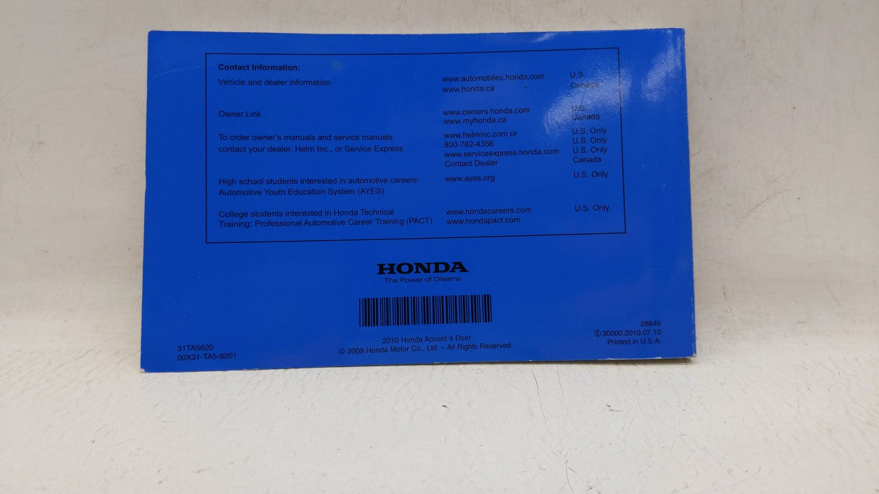 2010 Honda Accord Owners Manual Book Guide OEM Used Auto Parts - Oemusedautoparts1.com