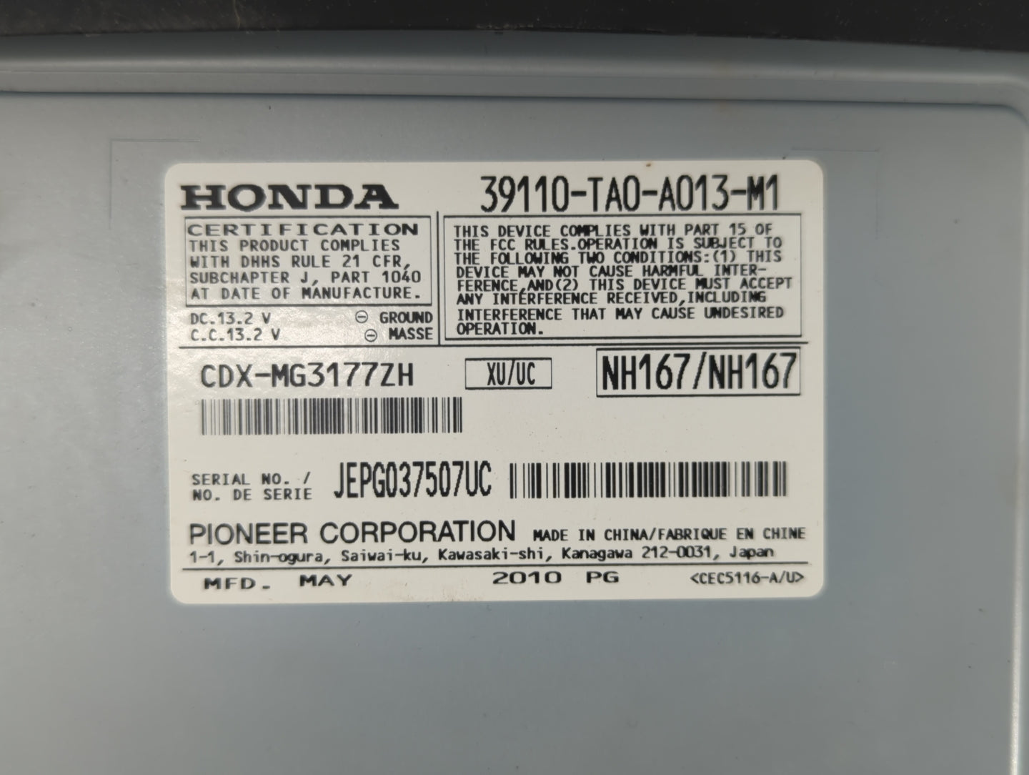2010 Honda Accord Radio AM FM Cd Player Receiver Replacement P/N:39100-TA0-A013-M1 JDY001287858, 39100-TA0-A420-M1 Fits OEM 