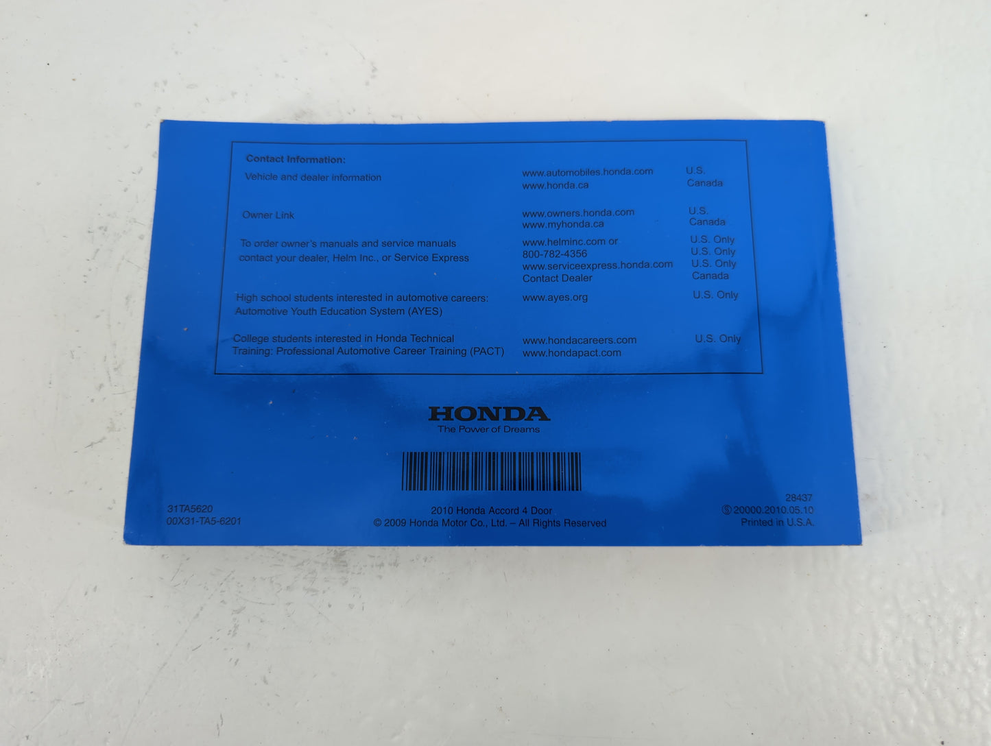 2010 Honda Accord Owners Manual Book Guide P/N:00X31-TA5-6201 31TA5620 OEM Used Auto Parts - Oemusedautoparts1.com