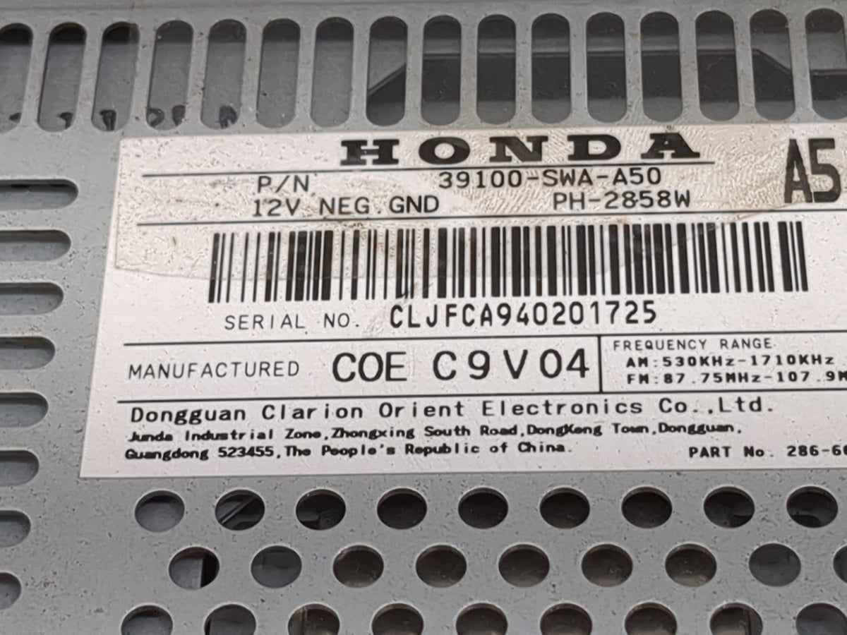 2007-2011 Honda Cr-V Radio AM FM Cd Player Receiver Replacement P/N:39100-SWA-A50 PH-2858W Fits OEM Used Auto Parts - Oemuse