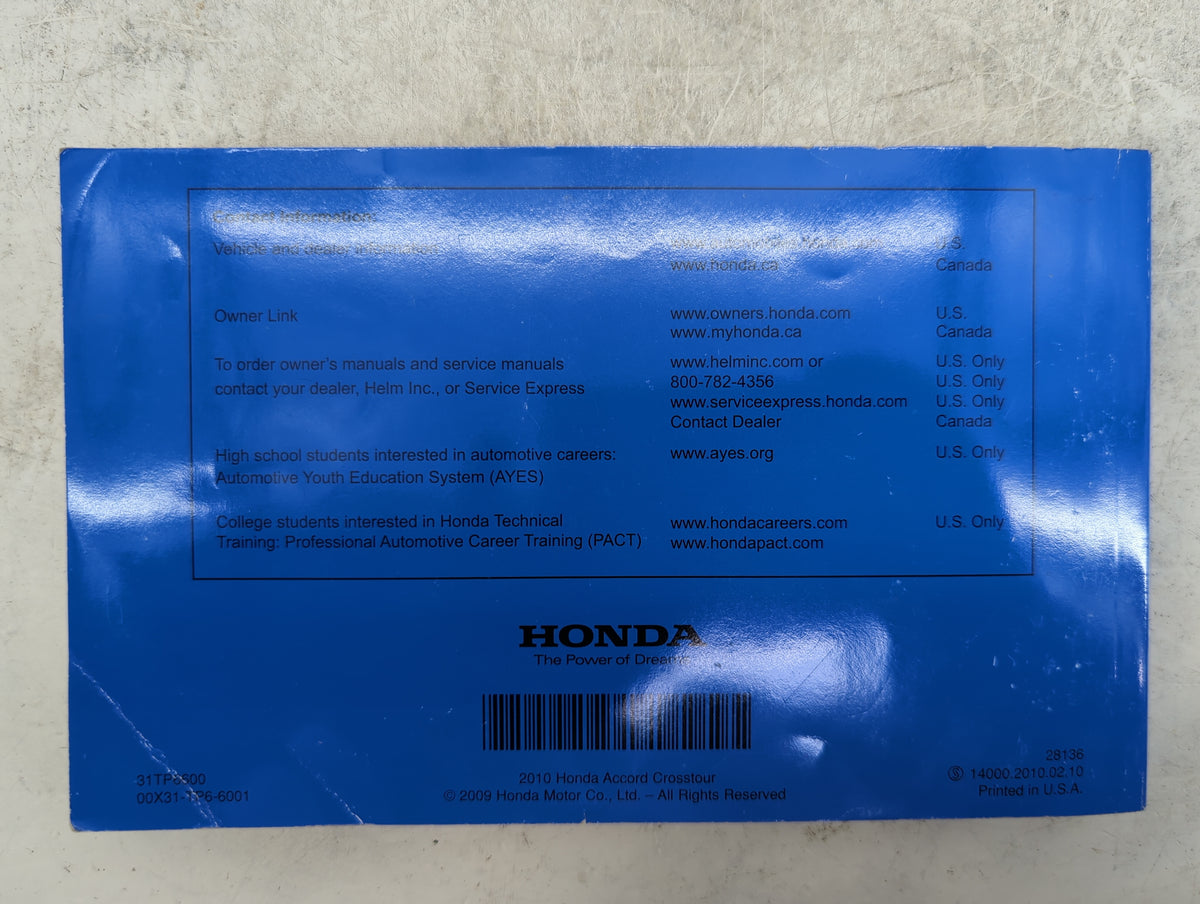 2010 Honda Crosstour Owners Manual Book Guide P/N:31TP6600 00X31-TP6-6001 OEM Used Auto Parts - Oemusedautoparts1.com